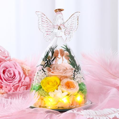Mothers Day Rose Gifts for Women Preserved Real Flower in Glass Angel Figurines Roses for Delivery Prime Birthday Gifts for Mom Grandma Girlfriend Wife Her, Champagne Austin Roses - color: Champagne With Austin Roses