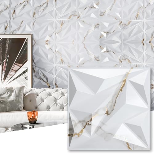 Art3dwallpanels 33 Pack 3D Wall Panel Diamond for Interior Wall Décor, PVC Textured Wall Panels, 12''x12'' Cover 32.Sq.Ft. Gold Veined White - color: Gold Veined White, size: 33 Pack