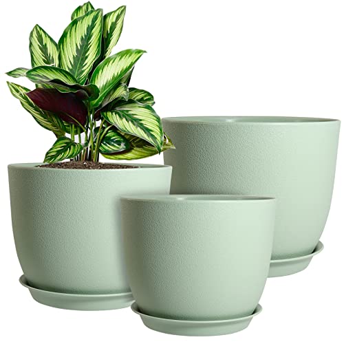 WOUSIWER Plant Pots 10/9/8 inch, Set of 3 Modern Decorative Plastic Planters with Drainage Holes and Saucers for House Plants Indoor Flowers Plants, Green - color: Green