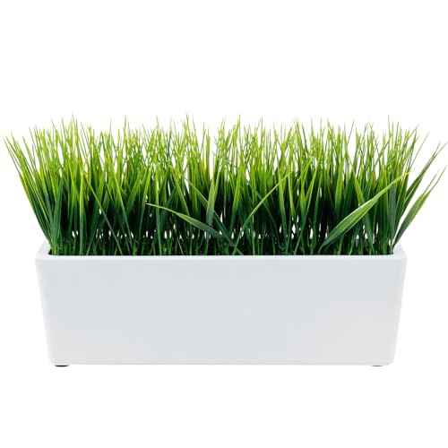 MyGift 14 Inch Artificial Green Grass Plant in Modern White Concrete Planter Window Box, Tabletop Faux Greenery in Decorative Rectangular Cement Container - color: White Concrete