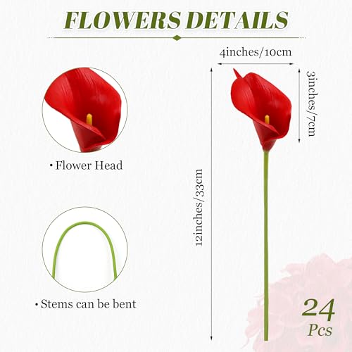 24 Pcs Red Artificial Calla Lily Flowers Fake Red Silk Flowers Real Touch for Wedding Bouquet Office Home Kitchen Decor - color: Red