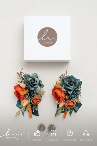Ling's moment 2pcs Homecoming Wedding Wrist/Shoulder Corsage Artificial Flower, Girl/Mother Prom Corsage Wristlet Décor, etc. Dark Teal Orange - color: Or-dark Teal & Orange