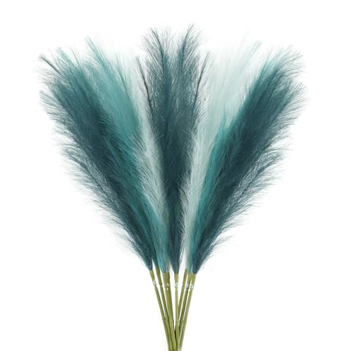Agusbagli 8 Pcs Teal Blue Faux Pampas Grass Decor 35” Fluffy Tall Artificial Colored Pampas Grass Blue Fake Pompous Grass Stems Large Flower Arrangement Floor Vase Filler for Home Wedding Boho Decor - color: Teal Blue & White & Deep Blue