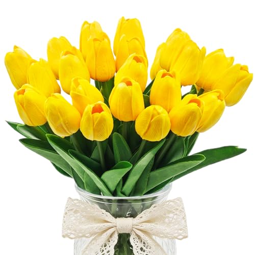 25Pcs Tulips Artificial Flowers, Faux Tulips Artificial Tulips Real Touch Tulip Fake Flowers Bouquets for Spring Wedding Home Kitchen Office Party Decor (Yellow) - color: Yellow