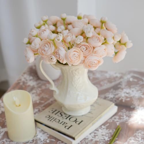 18 Pcs Champagne Ranunculus Artificial Flowers Silk Ranunculus Flowers Bulk Real Touch Mini for Wedding DIY Bouquets Home Decor Arrangements - color: Cream