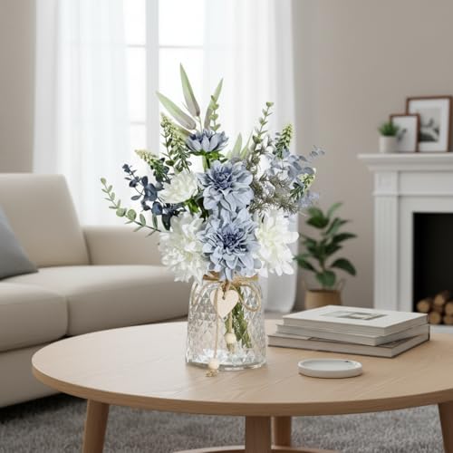 LADADA Blue and White Artificial Dahlias in A Glass Vase | Mixed Silk Fake Eucalyptus Floral Bouquet, Blue White Artificial Dahlia Arrangement Kit,Farmhouse Dining Table Table Decor - color: Blue+gray