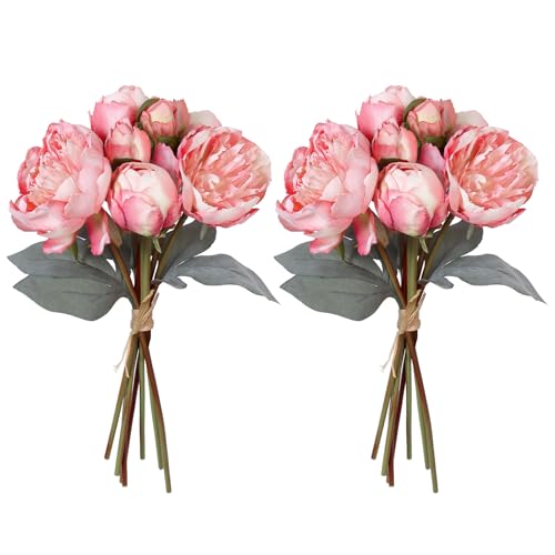 TOCHGREEN Artificial Peonies Silk Flowers 2 Bouquets Vintage Fake Peonies 14pcs Heads Faux Peony Flowers with Stems for Home Wedding Table Decoration Bridal Bouquet Floral Arrangement (Pink, 2PCS) - color: Pink