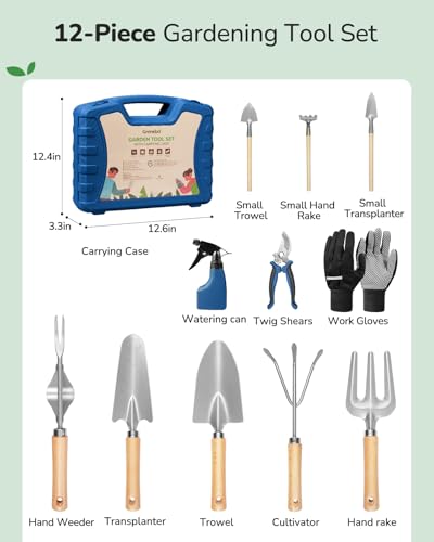 Grenebo 12-Piece Gardening Tool Set for Men, Rust-Proof & Heavy-Duty Hand Garden Tools with Sturdy Blue Carrying Case, Practical & Stylish Gardening Gifts for Men (Blue) - color: Blue