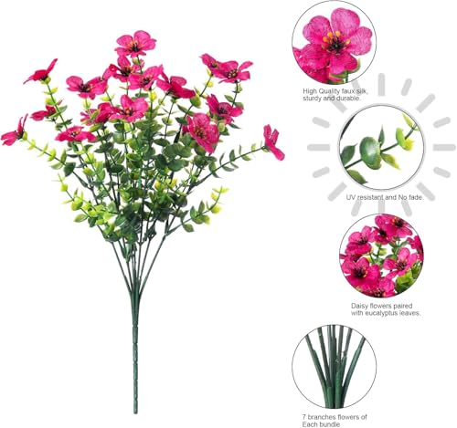 Artificial Flowers 12 Bundles, Faux Daisy and Eucalyptus Greenery Stems for Outdoor Indoor Decor - Fake Plants for Home, Garden, Patio, Porch Decoration - color: Rose Red
