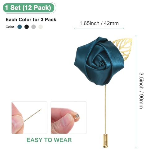 M METERXITY 1-Set Flower Lapel Pins for Men, Golden Leaf Rose Boutonnieres Pin for Wedding/Dance/Party, Mens Lapel Pins for Suits Satin Flower Corsage Hat Pins [Elegance Set] - color: Black, Cream White, Silver Grey, Indigo Blue