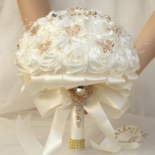 Handmade Wedding Flowers Bouquet Round Holding Bridal Bouquet Artificial Satin Roses Bunch for Bride Bridesmaid Wedding Quinceanera (Ivory, 9.8") - color: Ivory, size: Large (Dia. 9.8"/25cm)
