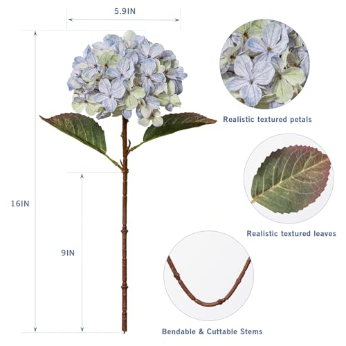 Artificial Flower Fake Silk Hydrangea Heads Bouquet with Stems Bulk for Fall Decoration Table Center Christmas Indoor Outdoor Faux Floral Realistic with Leaves Plants Crafts 8PCS(Blue) - color: Blue