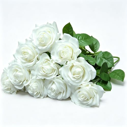 10 Pcs Real Touch Artificial Roses Fake Rose Long Stem Silk Faux Flowers Bridal Bouquet for Wedding Home Decor Romantic Valentine Gifts (White) - color: White