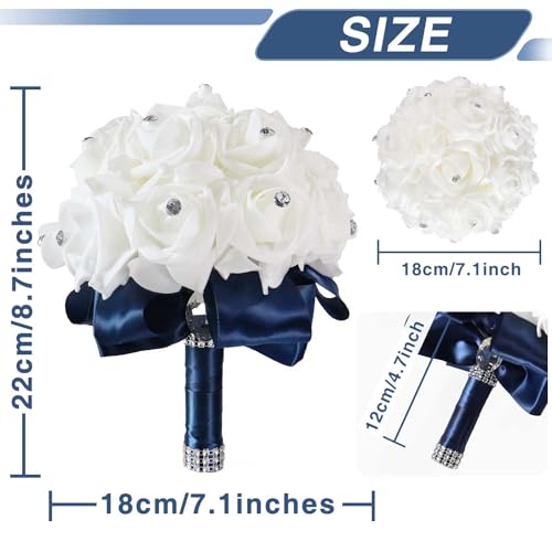 MOJUN Wedding Bouquets Crystal PE Roses Bridal Bridesmaid Wedding Hand Holding Bouquet Artificial Fake Flowers Toss Bouquet, Navy - color: Navy
