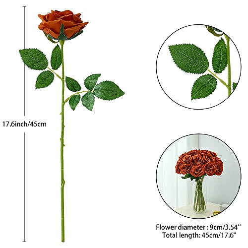 15pcs Burnt Orange Fake Roses Artificial Silk Flowers Faux Rose Flower Long Stems Bouquet for Arrangement Wedding Centerpiece Party Home Kitchen Decor(VASE NOT Included) - color: 15pcs Burnt Orange