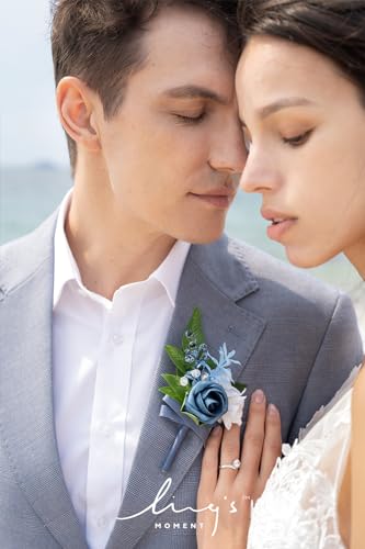 Ling's moment Wedding Artificial Flowers Package, Bridal Bouquet, Bridesmaid Bouquets, Boutonniere for Men, Rose Petals.Blue - color: Blu-blue