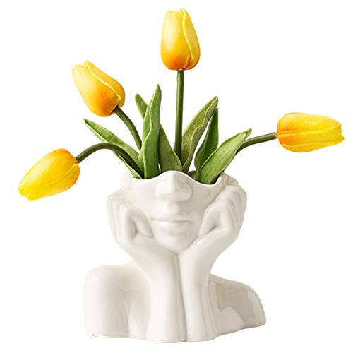 Large Ceramic Face Vase, White Flower Vases for Decor Female Form Head Half Body Vase Boho Unique Decorative Modern Style for Home Living Room Office Book Shelf (Large) - color: A(large)