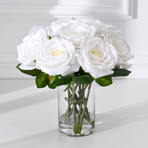 BLEUM CADE Luxury PU Fake Flowers in Vase with Faux Water, White Real Touch Roses Artificial Flowers with Glass Vase for Office Home Dining Room Centerpiece Table Decorations - color: Rose-white