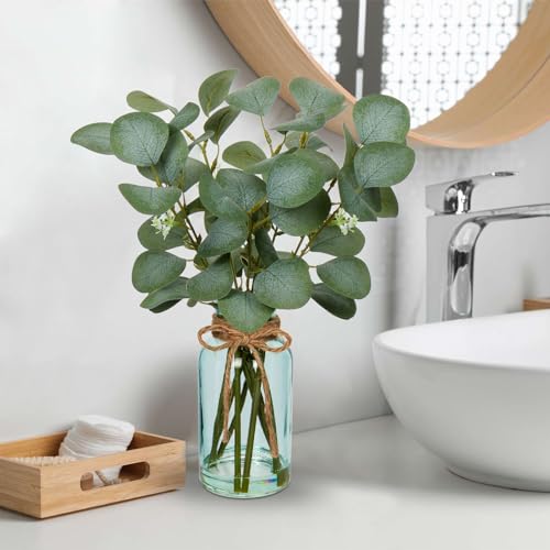 Briful Artificial Eucalyptus Stems in Blue Glass Vase with Faux Water, 14" Fake Plant Eucalyptus Leaves for Home Farmhouse Wedding Centerpiece Bathroom Décor - color: Blue