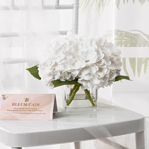 BLEUM CADE Luxury PU Fake Flowers in Vase with Faux Water, White Real Touch Hydrangea Artificial Flowers with Glass Vase for Office Home Dining Room Centerpiece Table Decorations - color: Hydrangea-white
