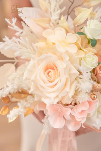TINGE TIME Bridesmaid Bouquets for Wedding Set of 4 Champagne & RougePink 7 Inch Wedding Bouquets Artificial Silk Flowers Bridal Bouquets for Bridesmaids, Wedding Decor, Anniversary - color: Champagne&pink