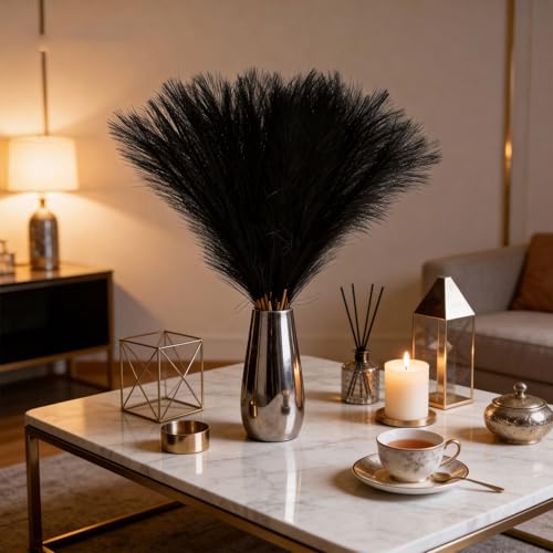 50pcs Black Pampas Grass 21.6 Inch Non-Shedding Faux Pampas for Gothic Home, Moody Boho, Halloween and Modern Wedding Decor - color: Black