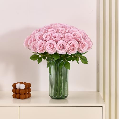 60 PCS Fake Dusty Pink Roses, Artificial Burgundy Flowers Bulk Realistic Silk Faux Rose with Stems for Wedding Decoration Anniversary Bridal Bouquet DIY Floral Arrangement Romantic Home Decor Gifts - color: Dusty Pink