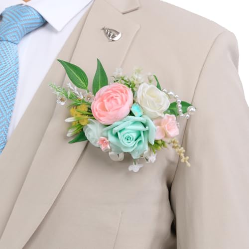 TINGE TIME Luxury Groom Boutonniere for Wedding, 1 PCS Pocket Boutonniere for Men, Artificial Corsage for Wedding, Prom, Homecoming, Anniversary, Graduation, Christmas Dinner (MintGreen&Pink) - color: Mint Green & Pink