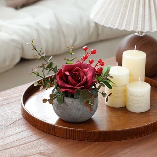 mizii DIY Small Artificial Flowers Potted Kit Fake Flower Realistic Silk Rose and Greenery with Vase for Gifts Table Centerpiece Mantle Office Desk Shelves Living Room Decorations (Burgundy) - color: Burgundy