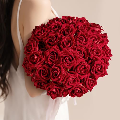 Ttranewsoo Fake Roses Faux Flowers Silk Roses Artificial Roses with Stems Realistic Artificial Flowers Suitable for Indoor Home Decoration DIY Bouquet Wedding Decor Party Decor 16.5In (Red, 36PCS) - color: Red 36pcs