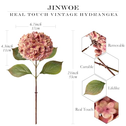 JINWOE 4Pcs Yellow/Pink Real Touch Vintage Artificial Hydrangeas, 21" Long Stems Boho Fall Faux Hydrangea Flowers,Fake Flowers for Wedding Bouquet Centerpieces Tables Party Home Baby Showers - color: Pink