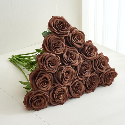 15pcs Fake Roses Artificial Silk Flowers Faux Rose Flower Long Stems Bouquet for Arrangement Wedding Centerpiece Party Home Kitchen Decor - color: 15pcs Chocolate