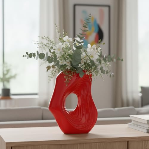 Sunddo Red Ceramic Vase for Home Decor, 11 Inch Modern Decorative Vase for Flowers, Donut Vases for Pampas Grass, Console, Kitchen, Mantle, Living Room, Table Centerpiece - color: Red, size: 11 inch