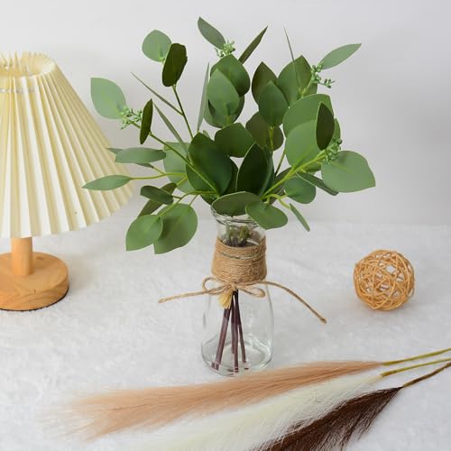 Artificial Eucalyptus Stems in Glass Vase with Faux Water for Table Centerpieces, Fake Eucalyptus Stems and Leaves Greenery in Vase for Home Office Decor