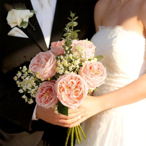 6Pcs Peonies Artificial Flowers, 17'' Real Touch Peonies Fake Flower, David Austin Roses Fake Peonies in Pot for Home Decor Wedding Balcony Bathroom Party Valentines Arrangement, Pink - color: Pink