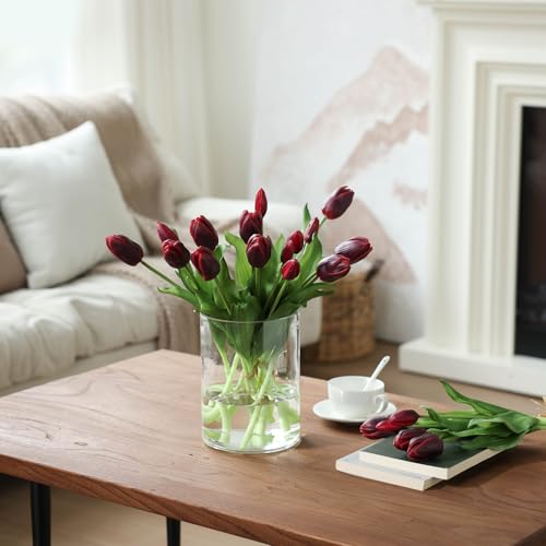 mizii 15Pcs Burgundy Tulips Artificial Flowers Latex Plastic Real Touch Fake Tulips Flowers Look Real Faux Tulip Flower Bouquet Decoration for Vase Room Table Centerpieces Home Decor (Burgundy) - color: Burgundy
