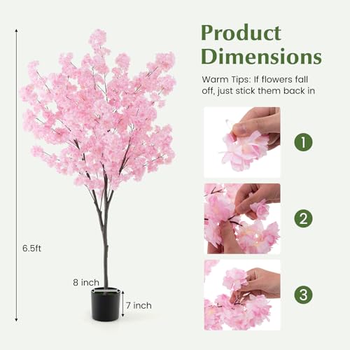 Goplus 6.5FT Artificial Cherry Blossom Tree, Pink Fake Flower Tree, Faux Floral Plant Blooming Tree in Cement Pot, Tall Potted Artificial Tree for Indoor Outdoor Office Home Porch Decor