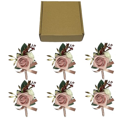 6PCS Pink Boutonniere for Men,Dusty Rose Boutonniere Pins for Men Groomsmen Guest, Artificial Flowers for Wedding Decor Prom Homecoming - color: Dusty Rose