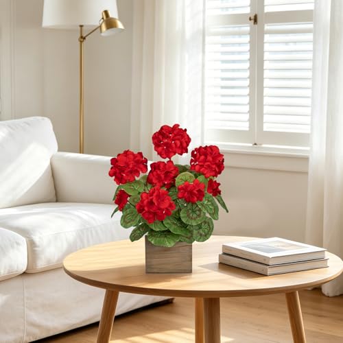 Briful Artificial Geraniums Flowers in Square Wooden Box, Faux Red Silk Geranium Potted Plant, 15.7" Fake Floral Arrangement for Rustic Farmhouse Home Kitchen Table Centerpiece Patio Décor - color: Red#584