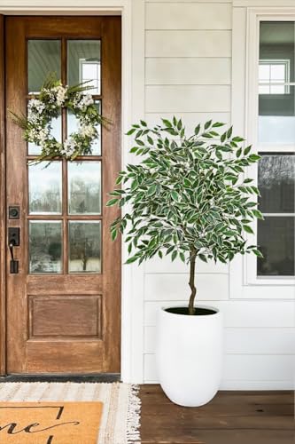 4Ft Ficus Tree Artificial Plants Indoor with Realistic Trunk, Tall Fake Potted Tree Faux Floor Plant, Artificial Tree in Pot for Home Living Room Office Bedroom Corner Decor(Green White) - color: Green White, size: 4Ft