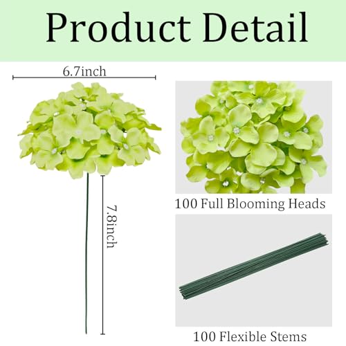 100 Pcs Faux Green Hydrangea Artificial Flowers Bulk, Fake Silk Hydrangea Flowers Heads with Stems for Wedding Decorations Garden Party Baby Shower Porch Home Decor Table Centerpieces - color: Green, size: 100 Pcs