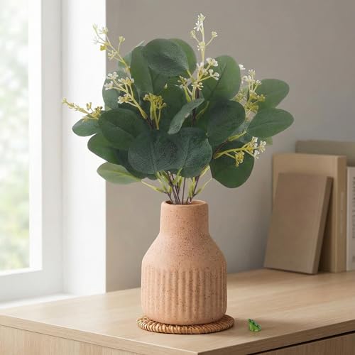 Artificial Eucalyptus Greenery Stems in Ceramic Vase 10Pcs Fake Plants Eucalyptus Leaves for Centerpiece Table Decorations Home Room Decor Office Desk Decor Greenery Decor Indoor (Beige) - color: Beige