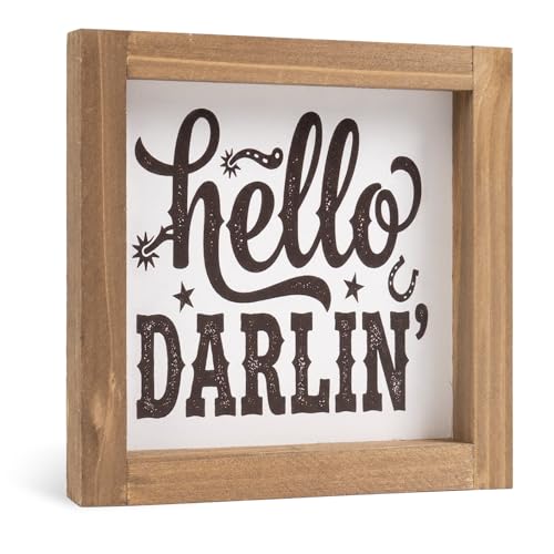 flangairy Western Wall Decor Hello Darlin Wooden Sign, 6 Inch Cowboy Southwest Wall Art, Rustic Wood Plaque for Table Desk Shelf Bathroom Bedroom Southwestern Farmhouse Home Decorations - color: hello darllin