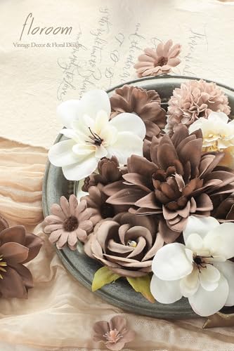 Floroom Mini Artificial Flower Heads Brown & Taupe Fake Peony Daisy Rose Multicolor Small Faux Silk Flower Heads for Cake Craft Garland Wedding Party Graduation Cap DIY Home Decoration, 0.8"-3.6" - color: Rustic Taupe