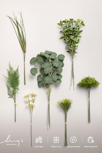 Ling's moment Artificial Greenery Stems Box Set, 44pcs with 7 Kinds of Faux Greenery Picks for DIY Bridal Bouquets Wedding Floral Arrangement Table Centerpieces, Olive Green - color: Grn-olive Green