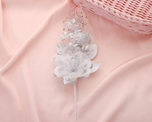 Set of 12 Artificial Silk Organza Craft Rose Flower, 12 Corsage Wristlet, 12 Pin Back DIY Boutonnieres for Wedding, Bridesmaids, Groomsmen, Quinceanera, Prom, Sweet 16 (Silver) - color: Silver