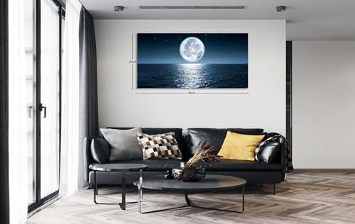 Aibonnly Wall Art Canvas Print Moon Sea Ocean Landscape 1 Panels Full moon Picture Painting Framed and Stretched Ready to Hang for Living Room Bedroom Office Home Decor Artwork 30x60inch - color: Dark Blue, size: 58"L x 29"W