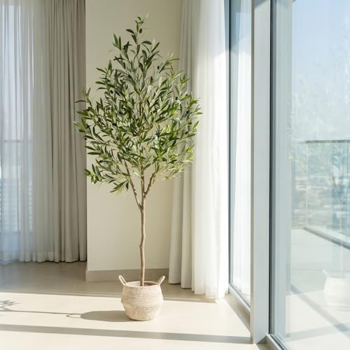Warmplants Artificial Olive Tree, 6ft Tall Fake Olive Leaves Plant with Basket, Indoor Outdoor Faux Olive Topiary Silk Tree for Home Livingroom Office Décor - size: 6ft