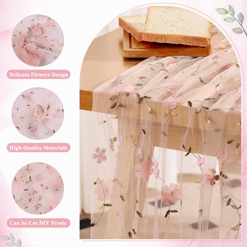 4 Pack Embroidery Floral Table Runner Rustic Spring Summer Wildflower Tulle Table Runner Vintage Flower Kitchen Dining Tabletop Runners Decoration for Home Wedding Party, 108x24.5 Inch (Pink) - color: Pink-4, size: 108*24.5 inch