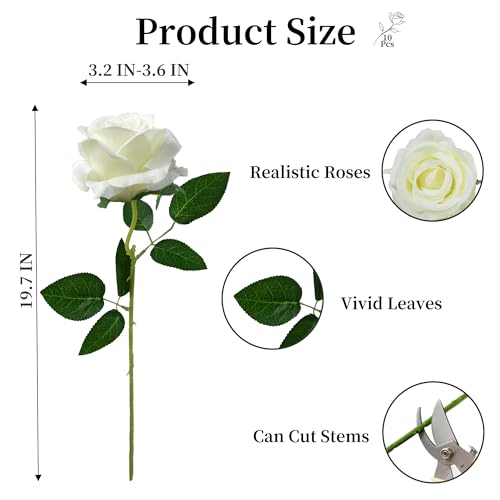 10 Pcs White Rose Artificial Flower, Faux Silk Flowers With Long Stems, Fake Roses Bulk Bouquet for Decoration Valentine's Day Centerpieces Proposal Bridal Bouquets Shower Party Home Floral Decor - color: White